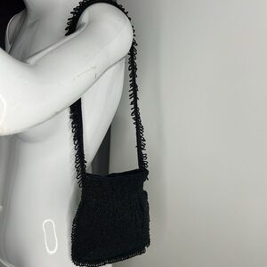 Delill Hand Made Black Beaded Tassels Snap Shoulder Bag